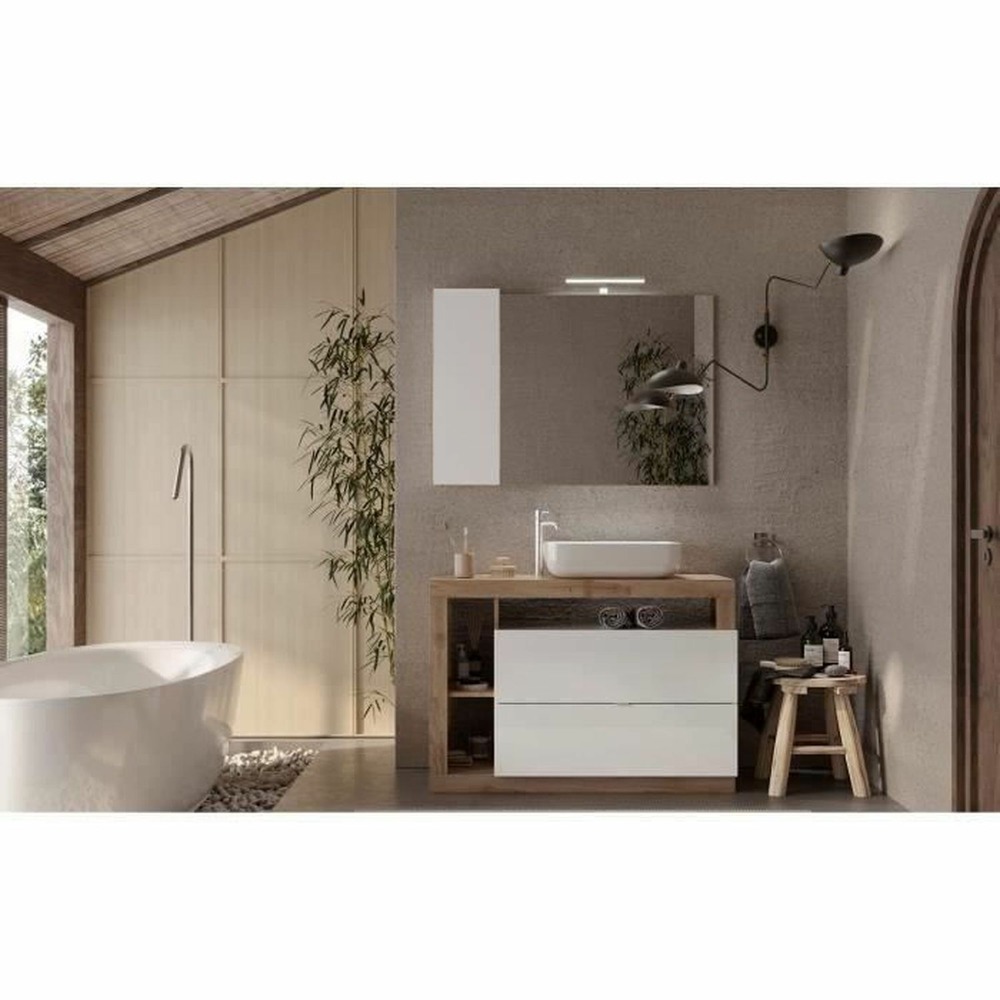 Ensemble meuble salle de bain - vasque + 2 tiroirs + 3 niches - coloris chêne clair et laqué blanc