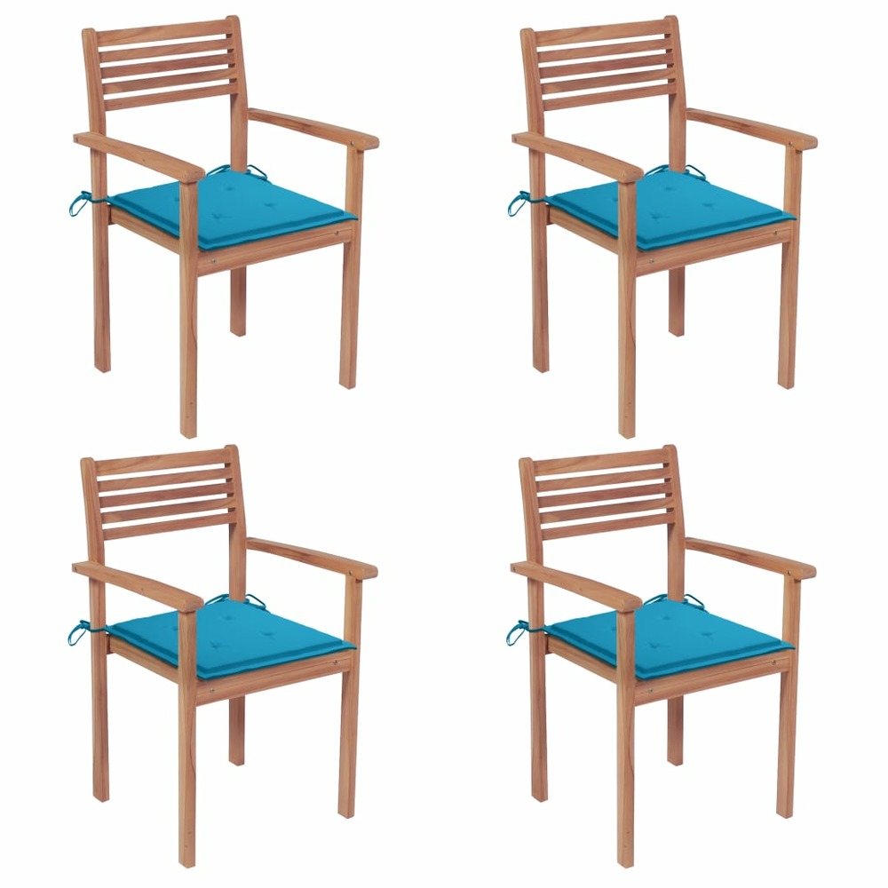 Chaises de jardin 4 pcs avec coussins bleu bois de teck solide