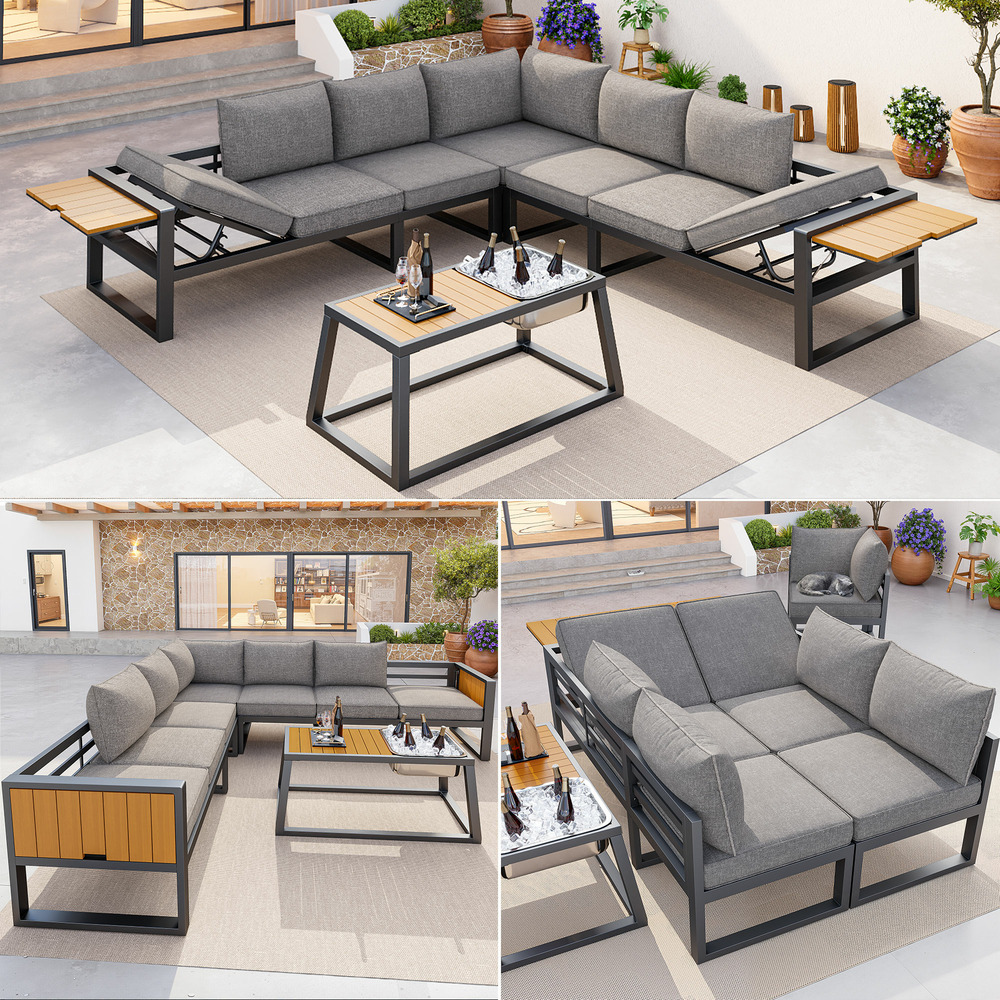 Canapé extérieur modulable: dossier réglable, accoudoirs dépliables, seau glace métal, coussins 10cm gris-beige