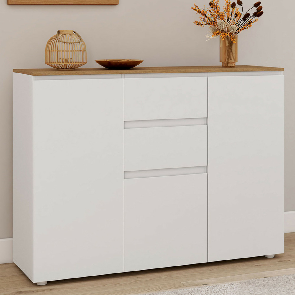 Buffet 100 cm toby 3 portes 2 tiroirs blanc et plateau bois