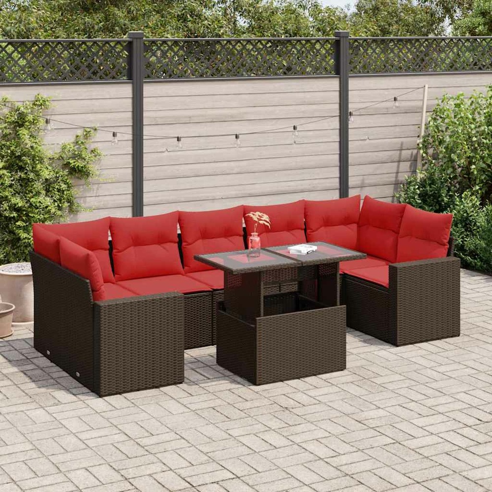 Salon de jardin 8pcs avec coussins marron résine tressée acacia