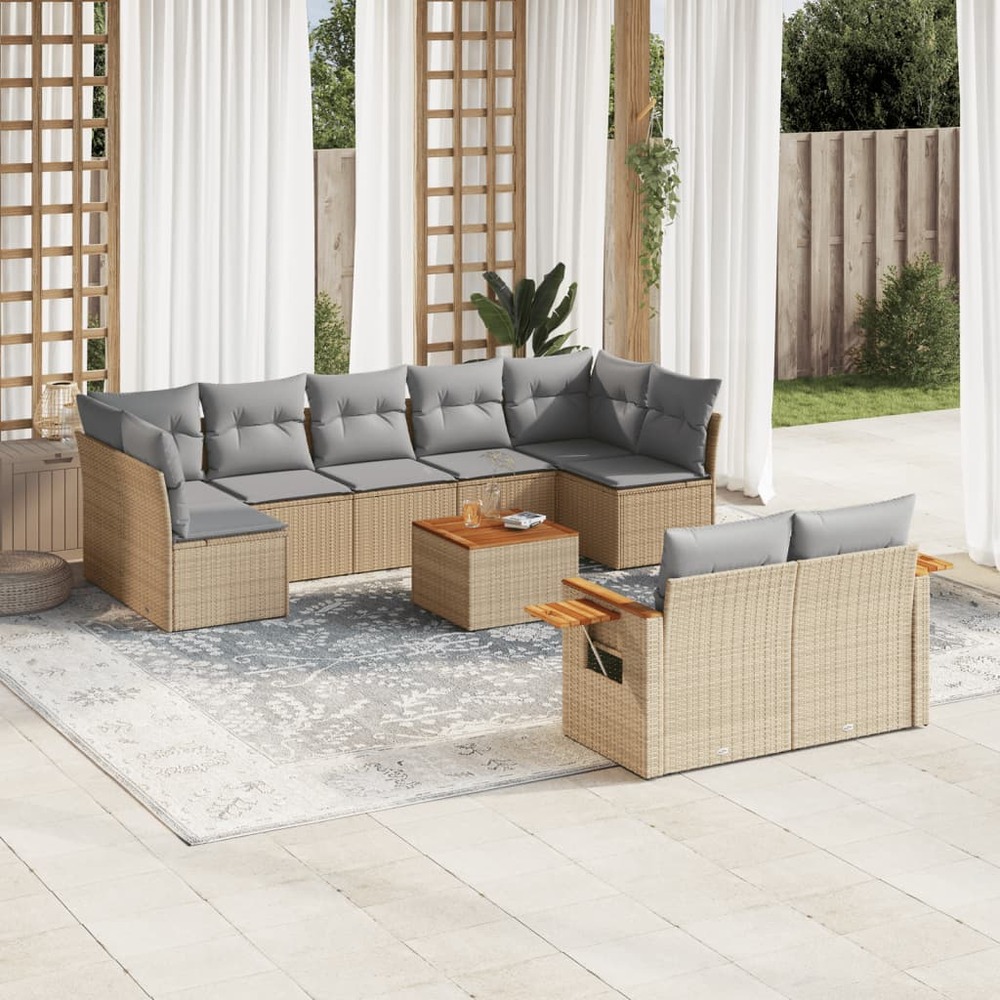 Salon de jardin avec coussins 10 pcs beige résine tressée