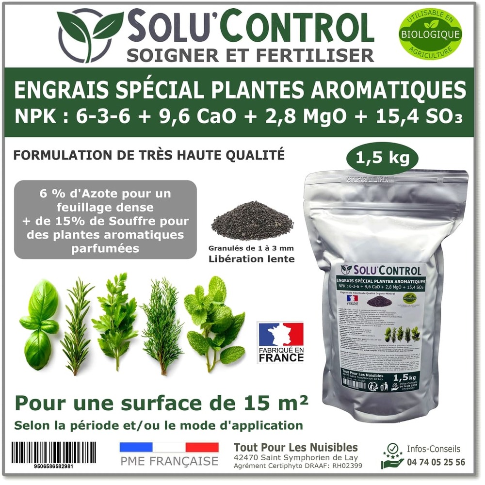 1,5 kg - engrais spécial plantes aromatiques npk 6-3-6 - favorise un feuillage dense - uab