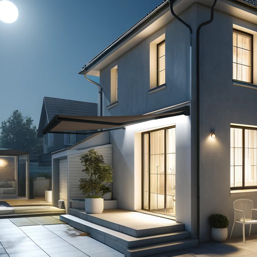 Store banne coffre intégral celeste 4,00x3,00 m (motorisé secours à télécommande + led - gris anthracite ral7016st - taupe)