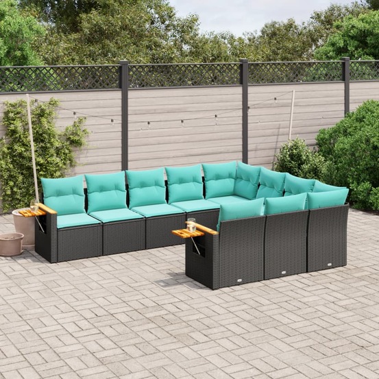 Salon de jardin 10 pcs avec coussins noir résine tressée
