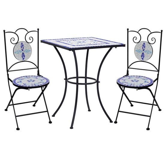 Mobilier de bistro 3 pcs mosaïque carreau céramique bleu blanc
