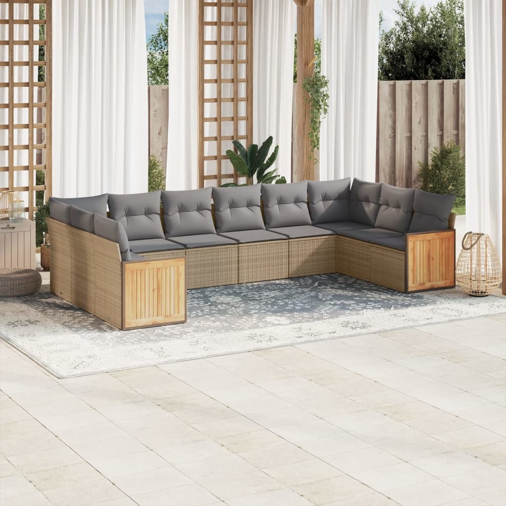 Salon de jardin avec coussins 10 pcs beige résine tressée