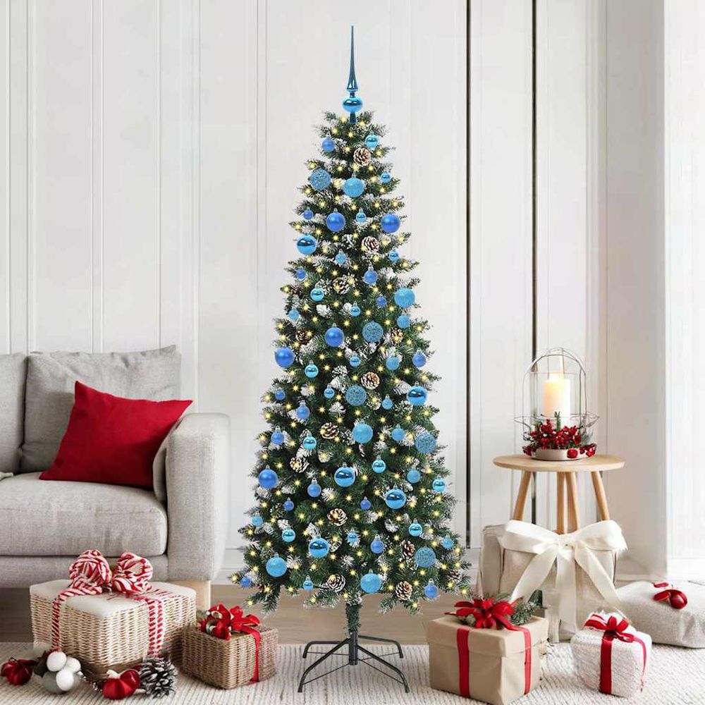 Décoration de fête complète : sapin artificiel enneigé 180 cm avec led et boules