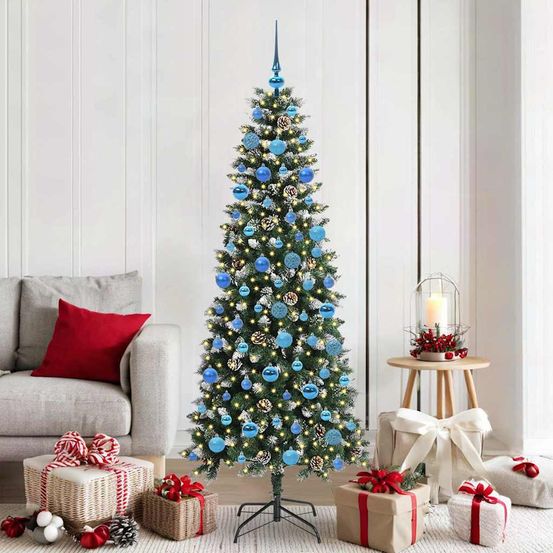 Décoration de fête complète : sapin artificiel enneigé 180 cm avec led et boules