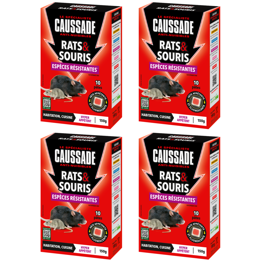 Caussade anti-rats & souris – 40 sachets pâtes fluorescents prêts à l’emploi, usage lieux secs et humides, 4x150g