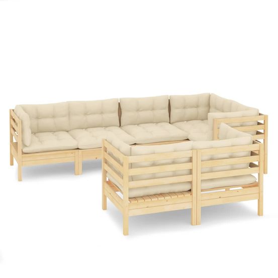 Salon de jardin 7 pcs avec coussins crème bois de pin massif
