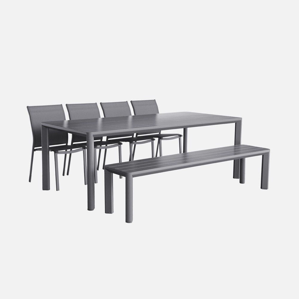 Table de jardin, 1 banc et 4 chaises aluminium et textilène, 220 x 100 x 75 cm