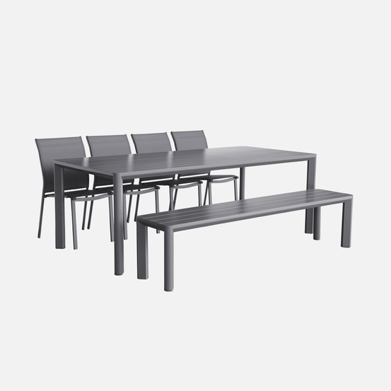 Table de jardin, 1 banc et 4 chaises aluminium et textilène, 220 x 100 x 75 cm