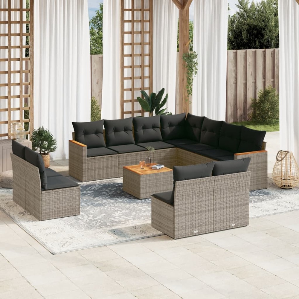 Salon de jardin avec coussins 12 pcs gris résine tressée