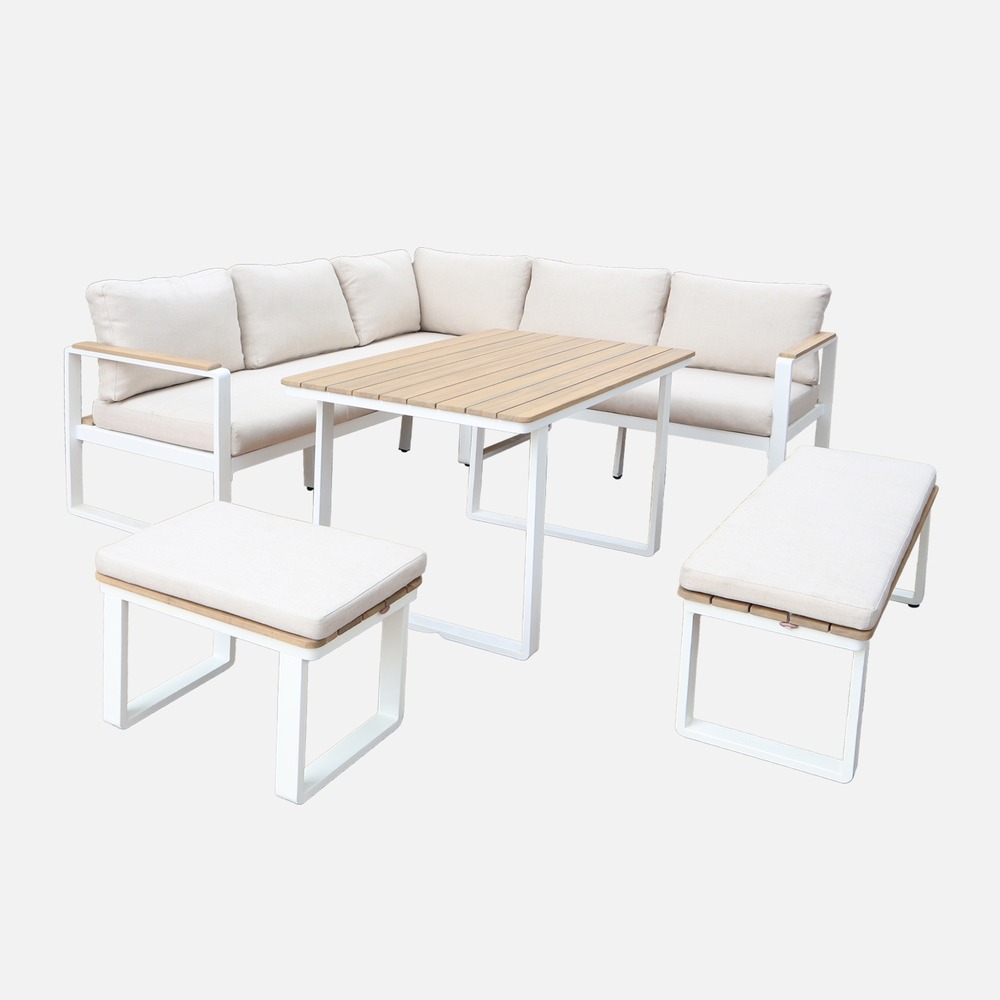 Salon de jardin pampas 8 places en bois d'acacia et aluminium, coussins beiges en polyester, avec table rectangulaire