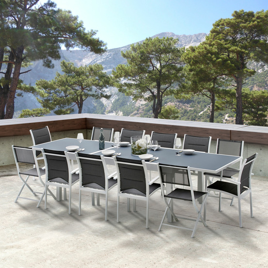 Ensemble modulo 8/12p en aluminium blanc et verre trempé gris perle avec 8 fauteuils en textilène