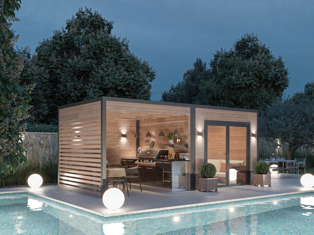 Poolhouse design 18m2 - bois douglas epaisseur 55mm - baie vitree alu - toiture acier avec voliges