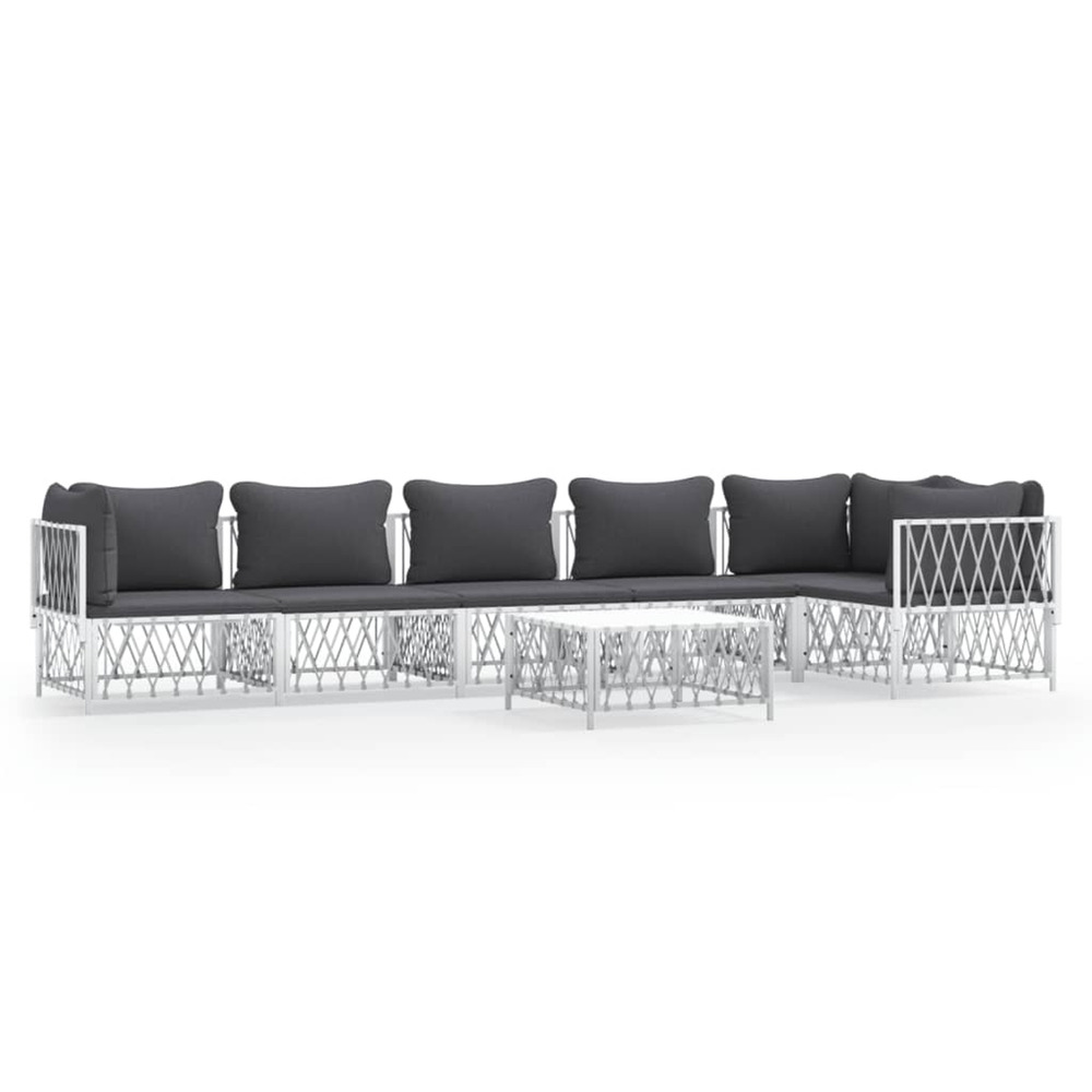 Salon de jardin 7 pcs avec coussins blanc acier