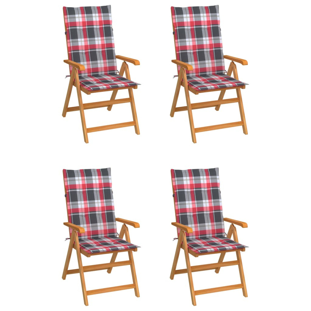 Chaises de jardin lot de 4 et coussins à carreaux rouge teck