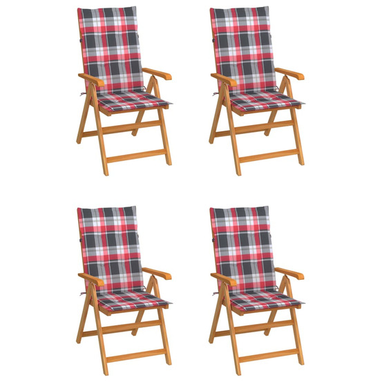 Chaises de jardin lot de 4 et coussins à carreaux rouge teck