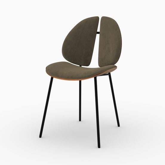 Coccinelle-chaise en velours kaki et bois de noyer