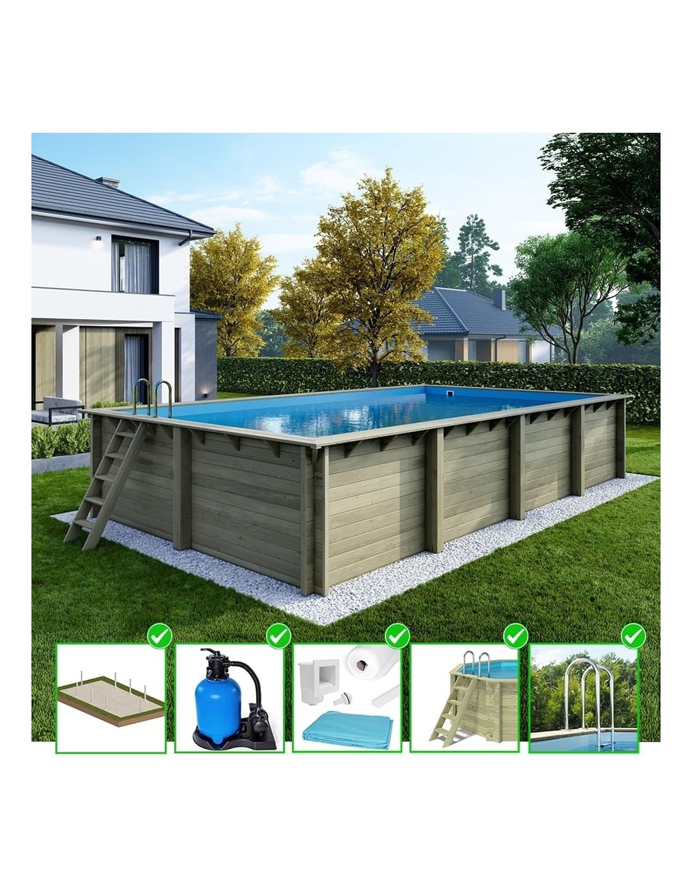 Piscine en bois aqua 8,5x4,35 - h.1,45 m cadre en métal, sans dalle béton - bas7309ospu - altanka