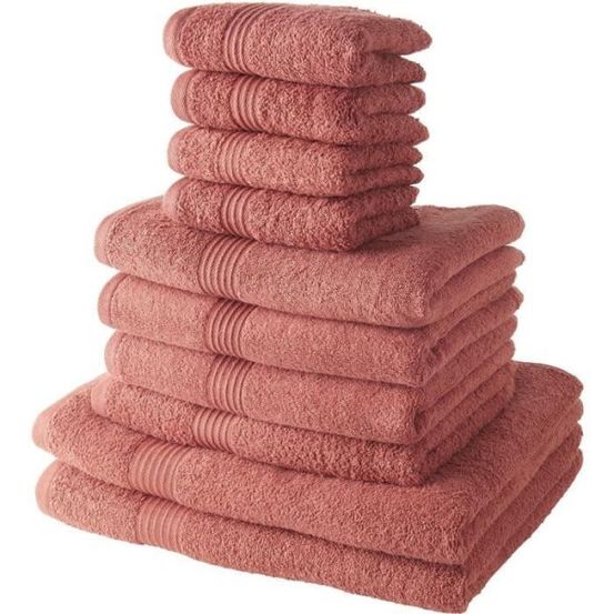 Lot de 4 serviettes invité 30x50 cm + 4 serviettes de bain 50x100 cm + 2 draps de bain 70x130 cm 100% coton terracotta