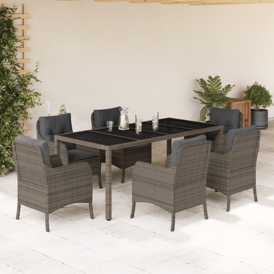 Ensemble à manger de jardin et coussins 7 pcs gris rotin