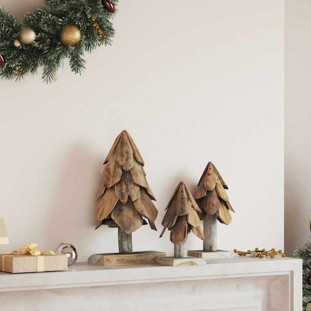 Lot de 3 sapins de noël rustiques en bois de teck massif décoration marron