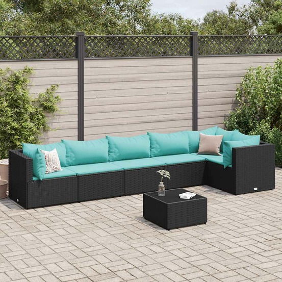 Salon de jardin 7 pcs avec coussins noir résine tressée