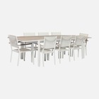 Table de jardin extensible 8 places 200/300cm avec plateau effet bois et structure aluminium blanc et 8 fauteuils inclus