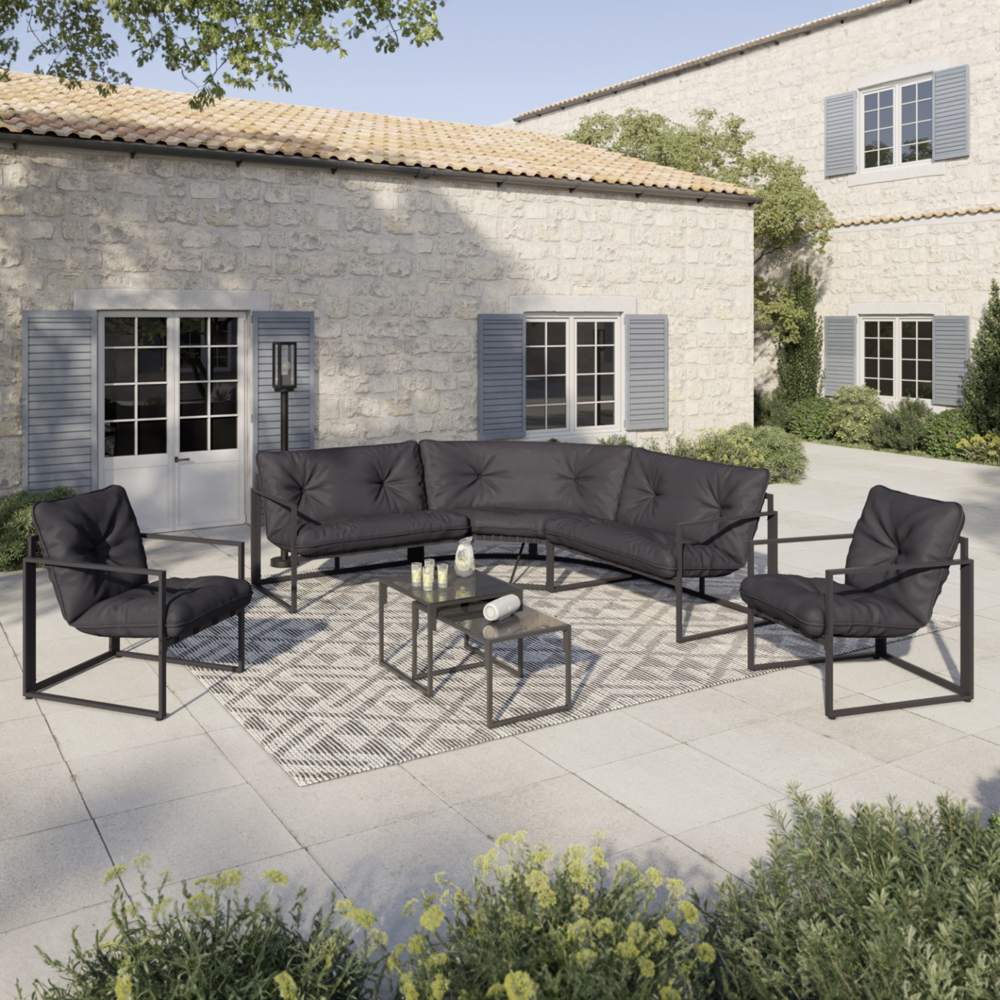 Salon de jardin bas nairobi 8 places salon d'angle en acier gris anthracite