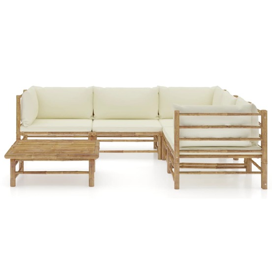 Salon de jardin 6 pcs avec coussins blanc crème bambou