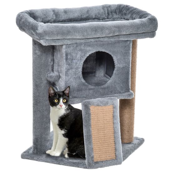 Petit arbre à chat avec niche en bois et jute pour jeu et repos 40x40x57cm gris clair