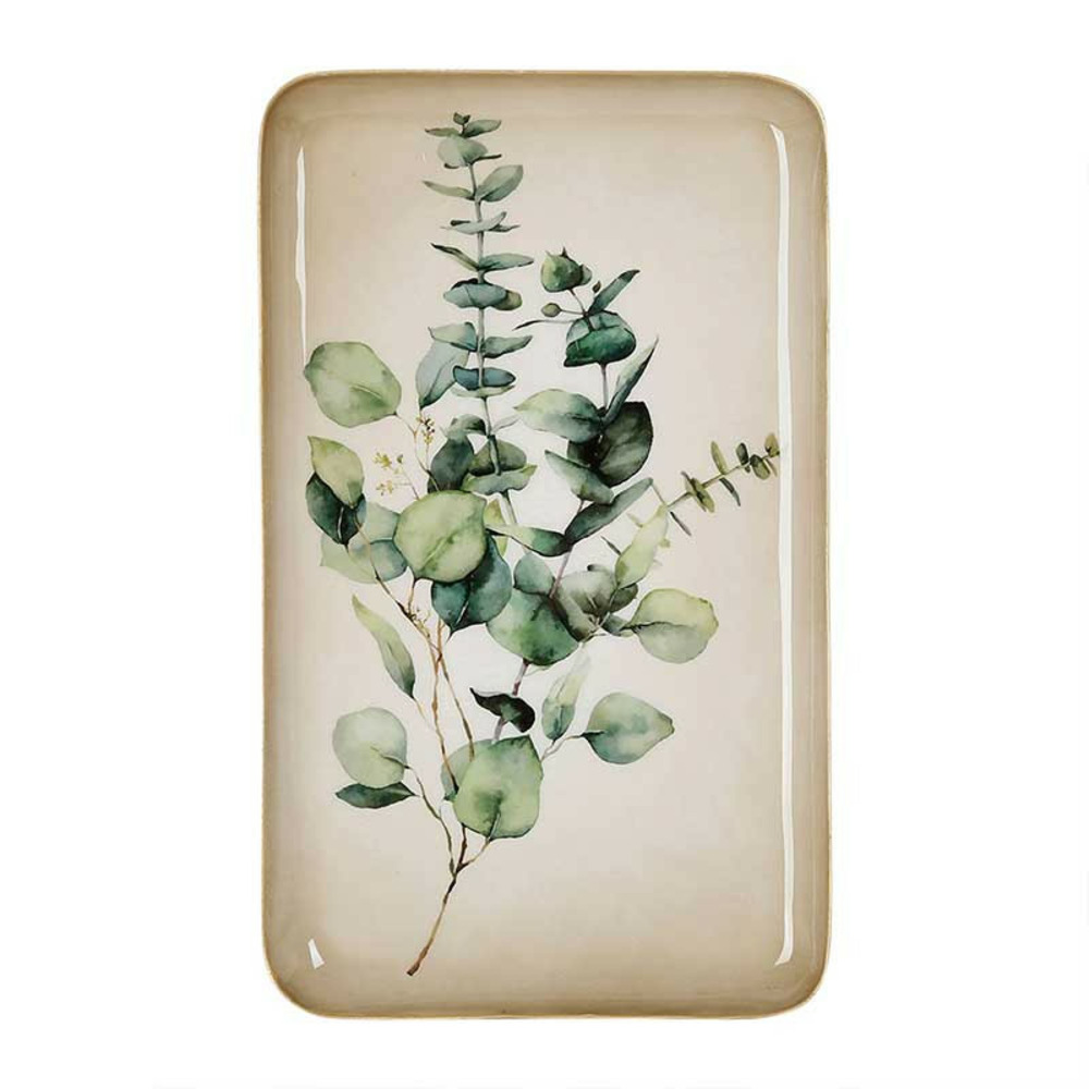 Plateau eucalyptus vert doré métal 15x26x26cm