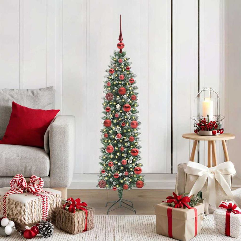 Sapin décoratif fin 120 cm aspect neige, avec éclairage 150 led et set de 61 ornements