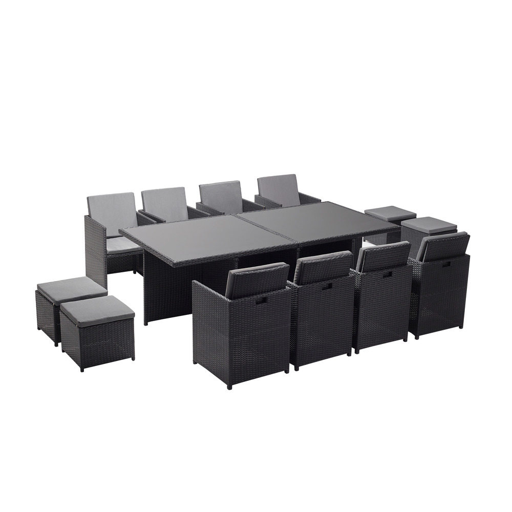 Table et chaises 12 places encastrables en résine noir-gris monaco