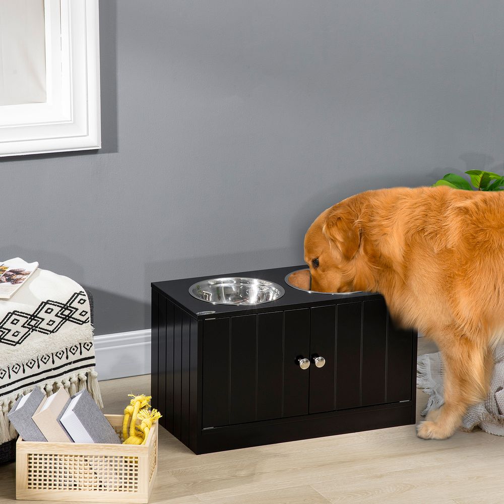 Station repas surélevée grand chien mdf inox noir 60 x 30 x 35,5 cm double gamelle avec rangement 44 l