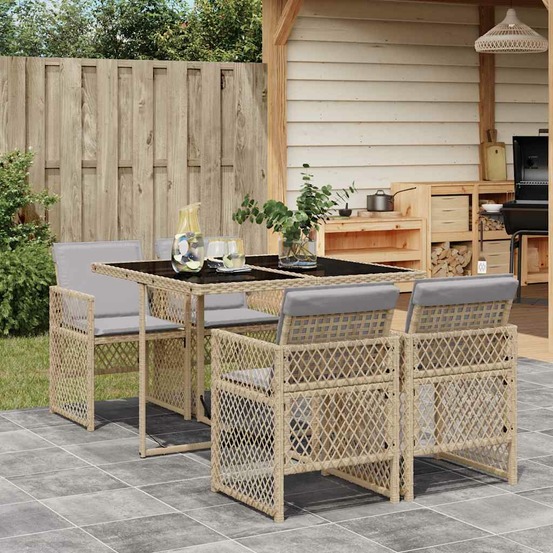 Ensemble à manger de jardin avec coussins 5pcs beige poly rotin