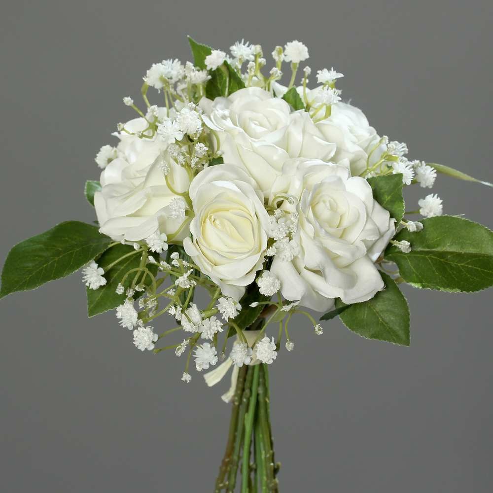 Bouquet de roses et gypsophile artificielles 7 tetes hauteur 24 cm crème - coule