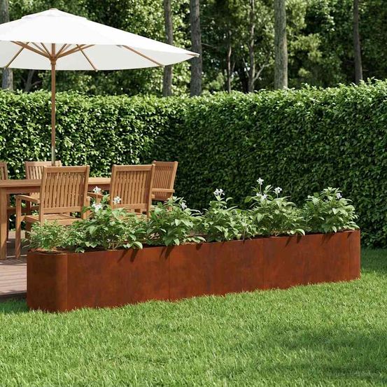 Jardinière potager acier patiné extérieur design minimaliste 280x40x40cm rouge