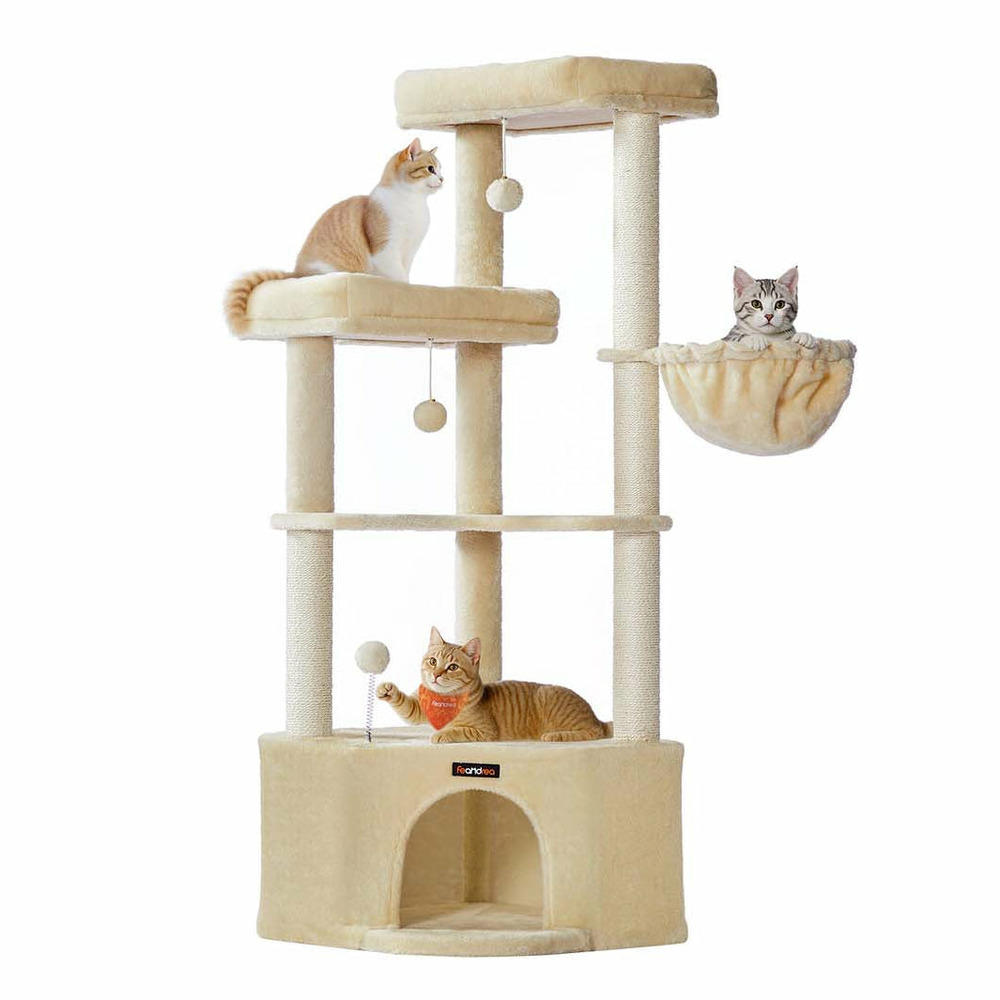 Arbre à chat 485 x 485 x 1407 cm tour de jeux pour chats avec niche grandes plateformes balles en peluche hamac beige 12_0008