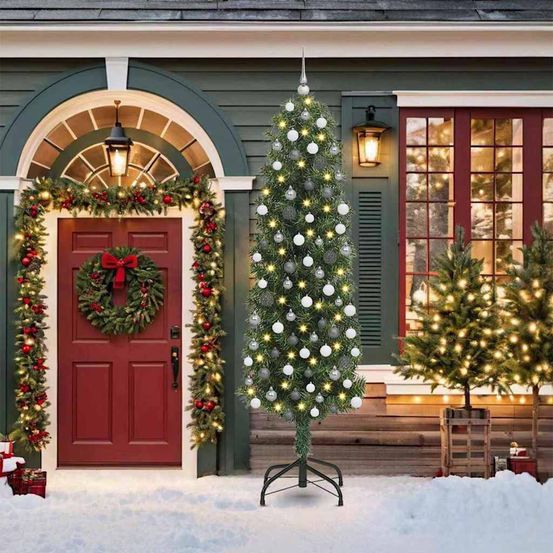 Sapin artificiel de noël conique 210 cm vert, 300 led et 120 décorations