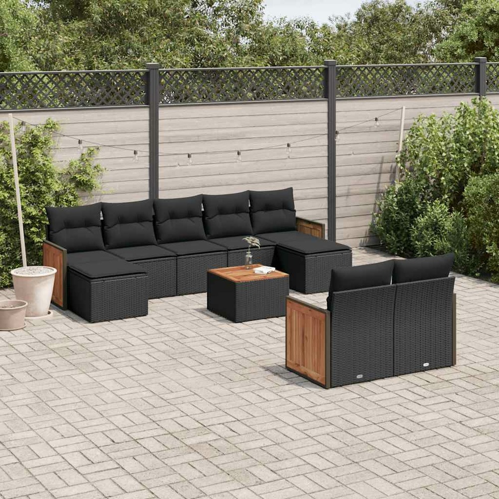 Salon de jardin 10 pcs avec coussins noir résine tressée