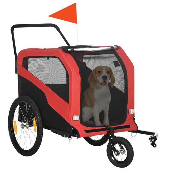 Remorque vélo poussette 2 en 1 chien chat acier oxford pliable drapeaux 170x77x90 cm rouge