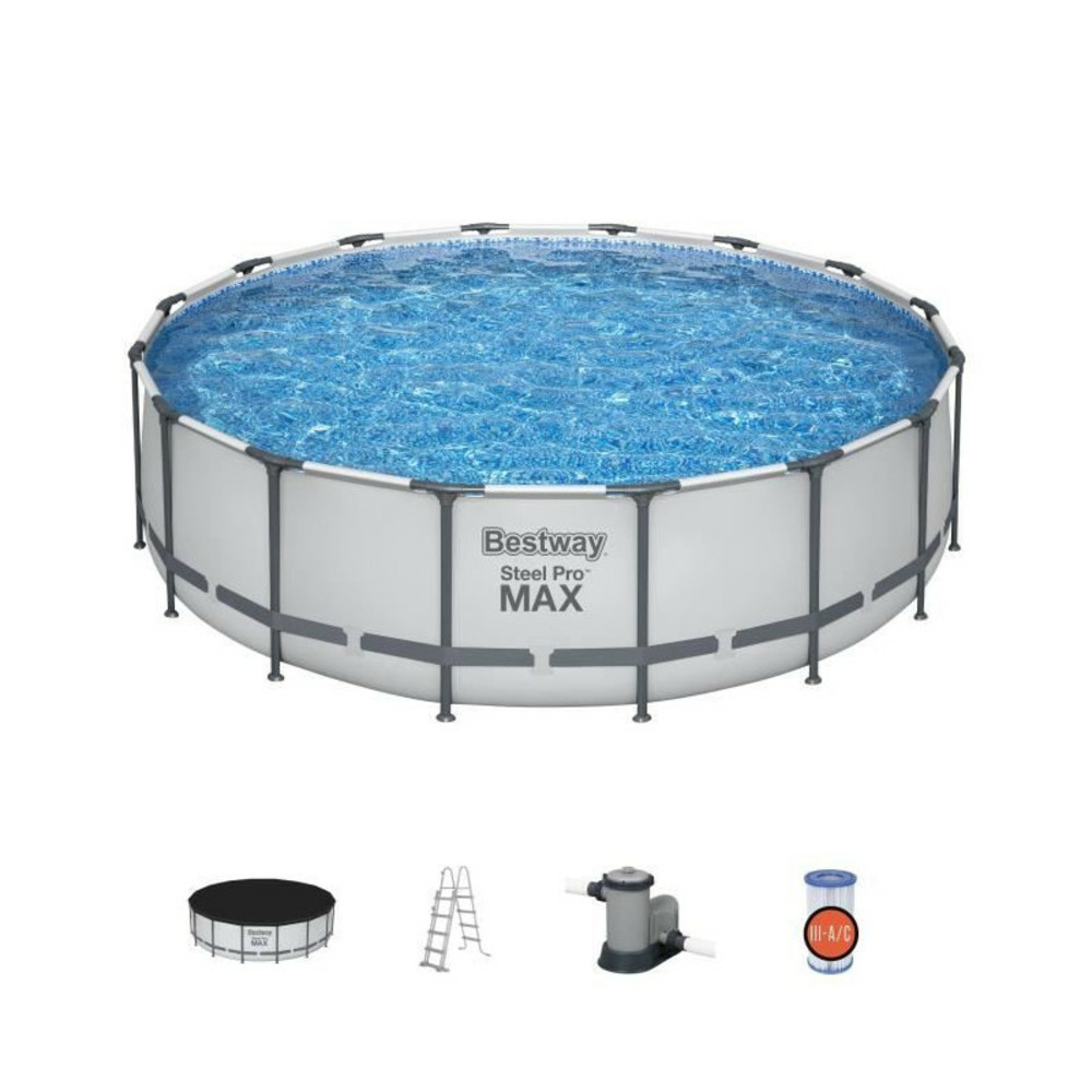 Kit piscine hors sol tubulaire bestway - steel pro max - 488 x 122 cm - ronde (filtre avec cartouche, échelle, bâche)