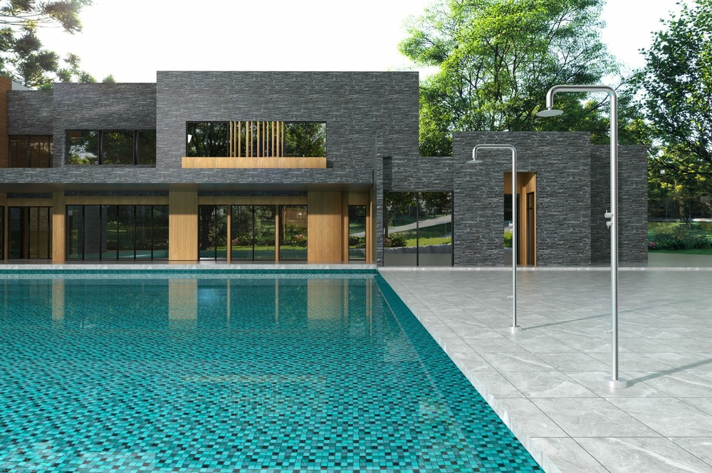 Douche de piscine en acier 316 resistante avec robinet monoforo a 2 voies