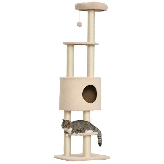 Tour à griffer haute en bois pour chat avec niche et perchoirs 148 cm beige