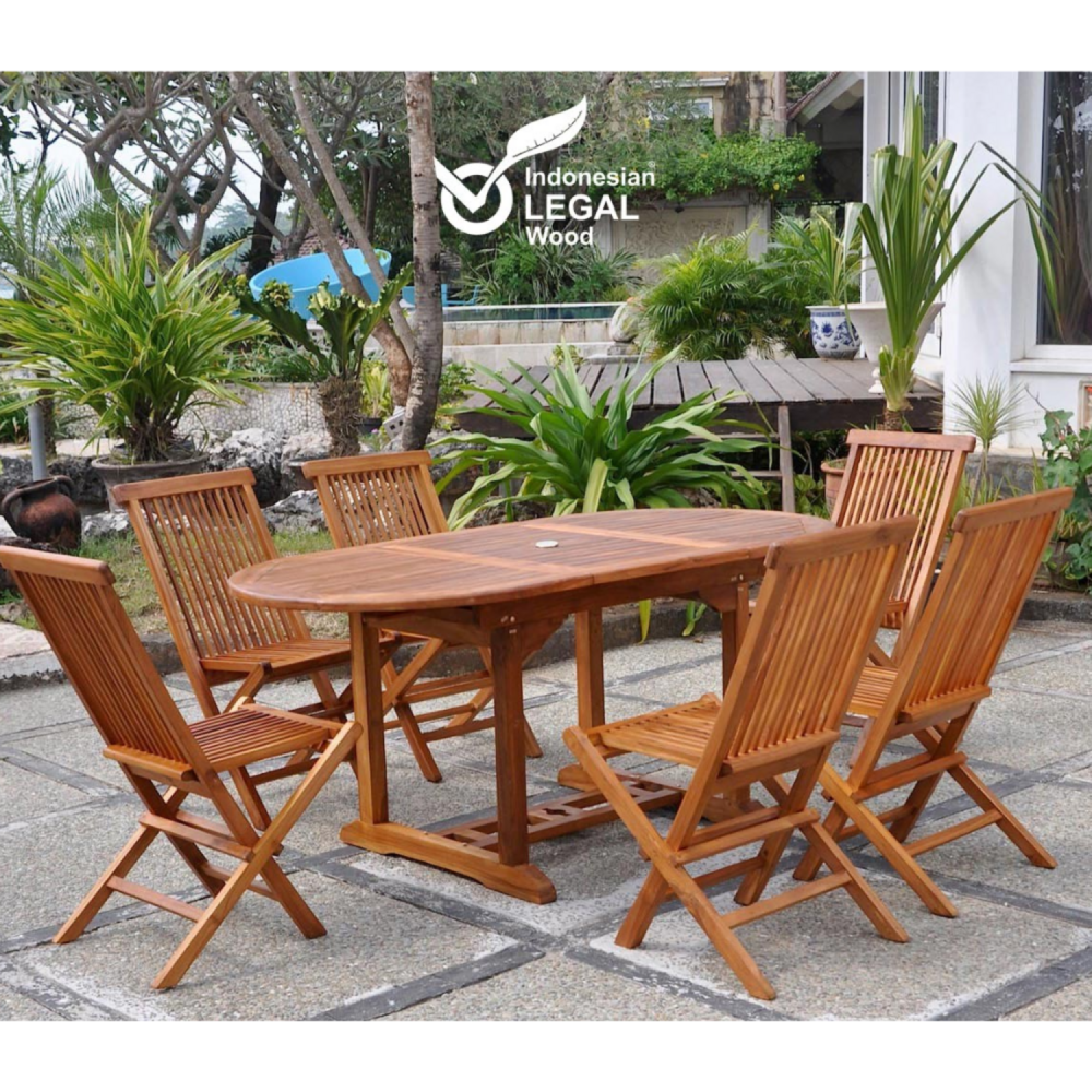 Salon de jardin teck huilé 6 personnes - table ovale + 6 chaises lubok