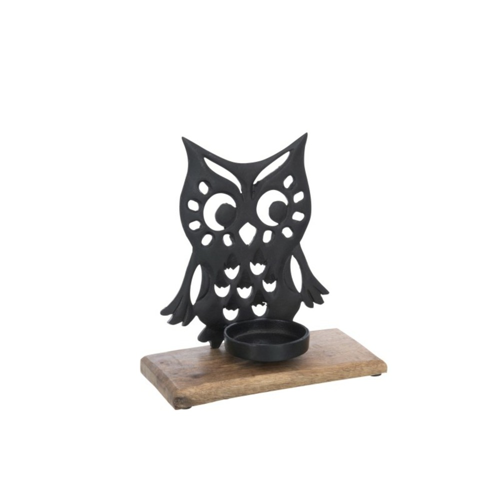 Photophore chouette en aluminium noir 21x15x9 cm